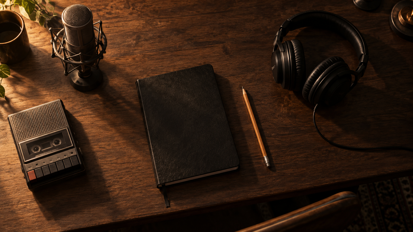 Caderno, lápis, microfone, gravador de fita cassete e fones de estúdio sobre uma mesa de madeira escura