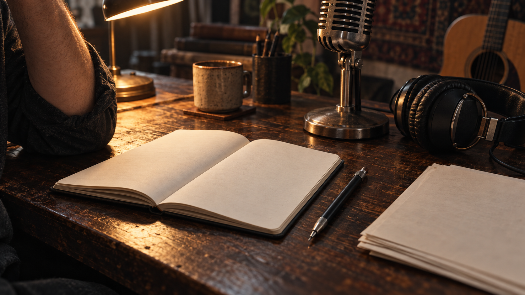 Caderno aberto, lápis, microfone e fones de estúdio sobre uma mesa de criação de letras