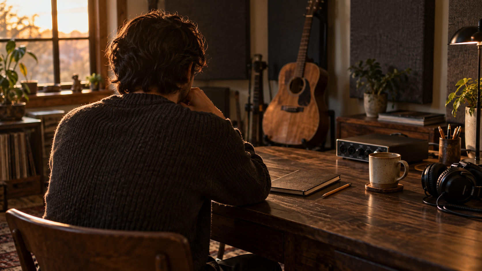 Compositor em uma mesa de estúdio caseiro acolhedora com violão, caderno, fones de ouvido e interface de áudio