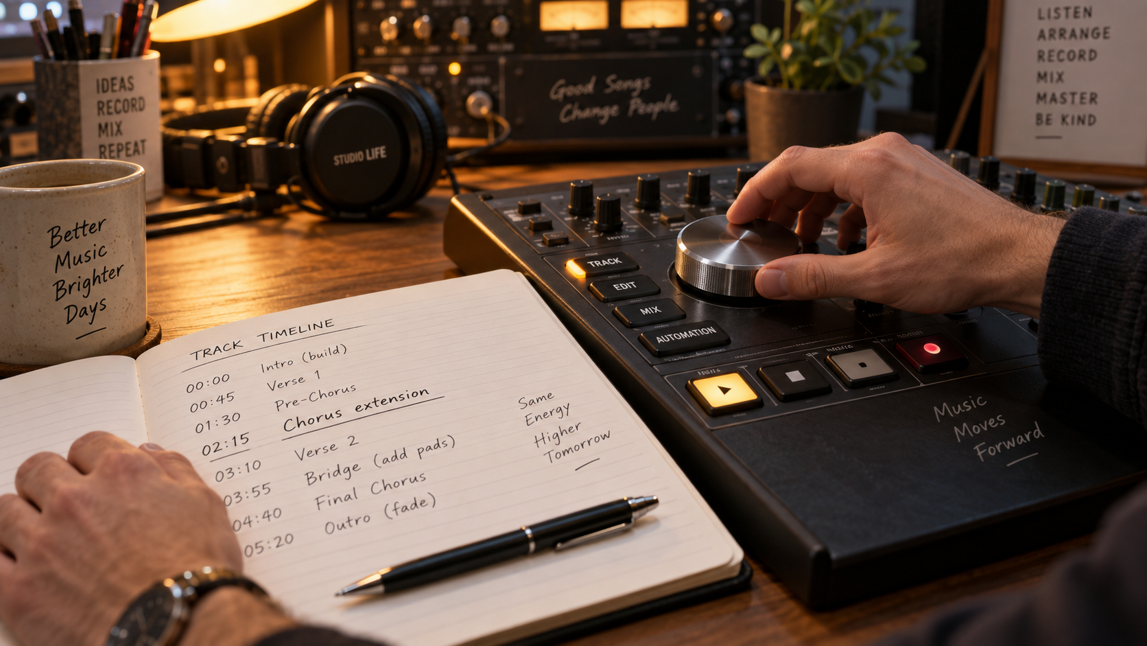 Hands adjusting analog audio console knob next to notebook with timing markers
