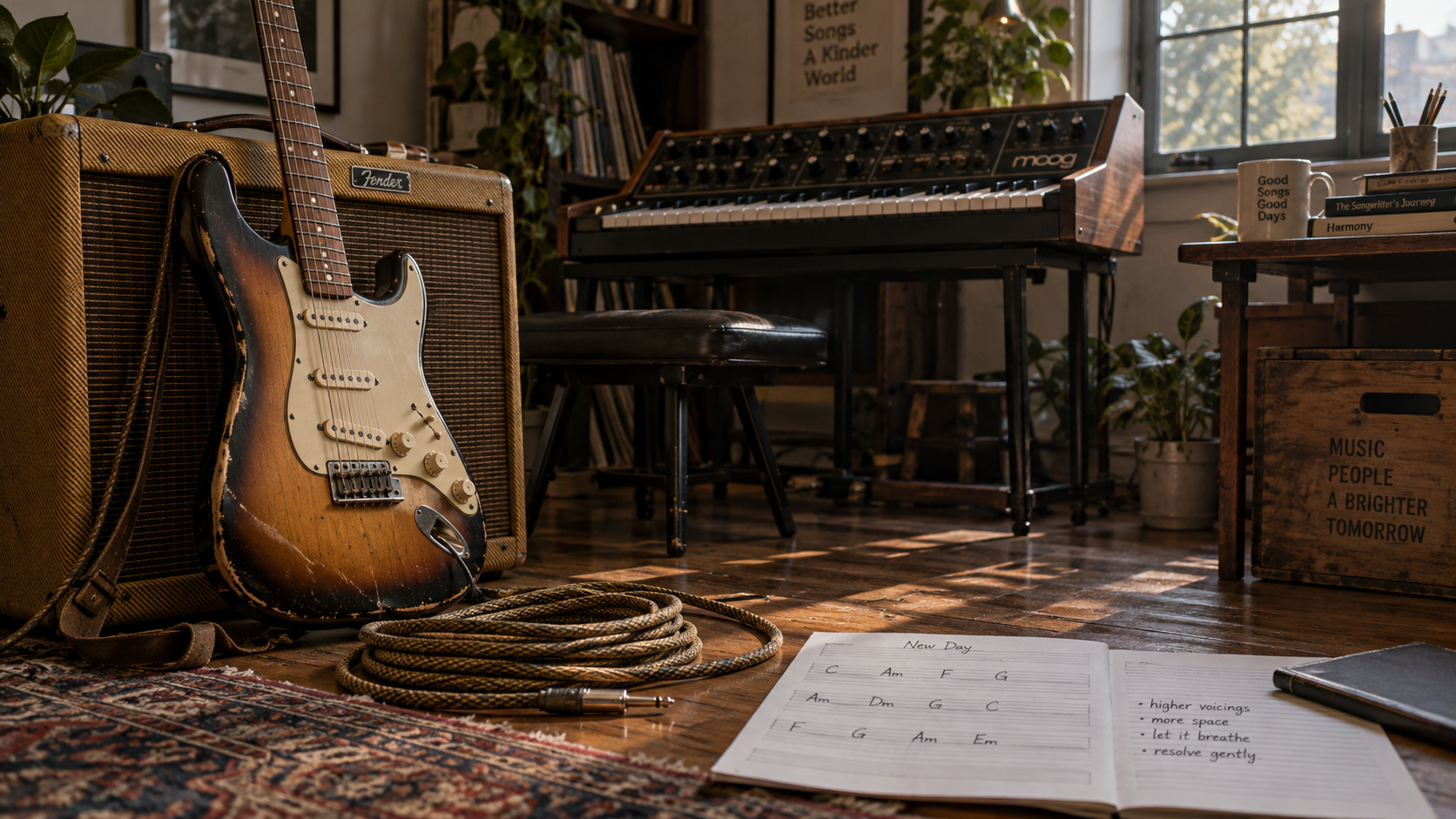 Vintage electric guitar, amplifier, and synthesizer keyboard in peaceful music studio