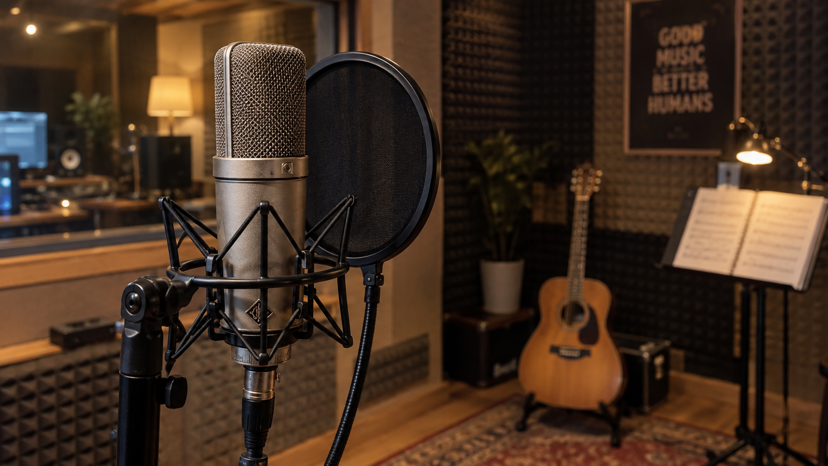 Studio condenser microphone with pop filter in sound-treated recording booth