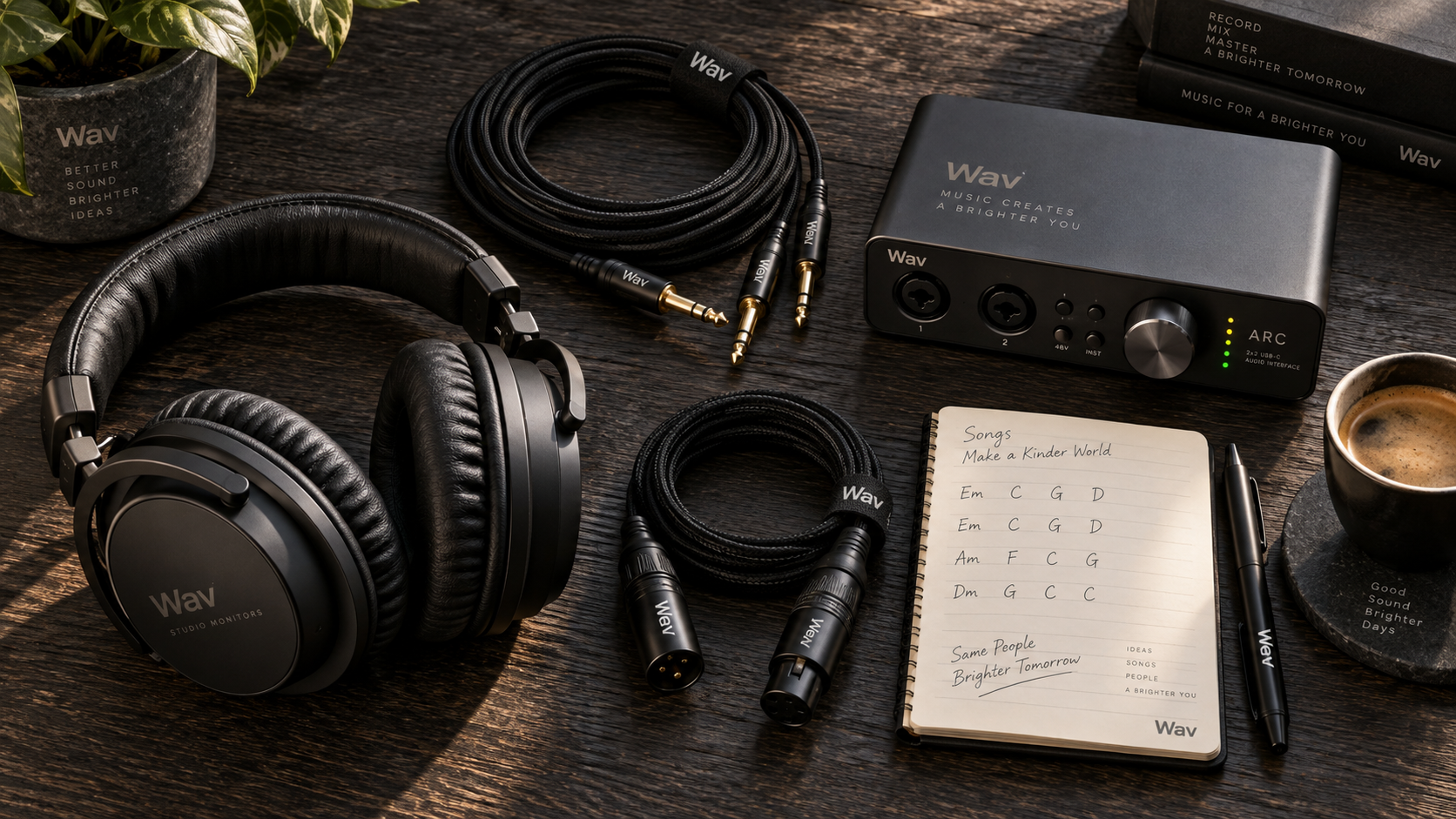 Flat-lay of studio headphones, audio cables, and notebook on dark wood surface