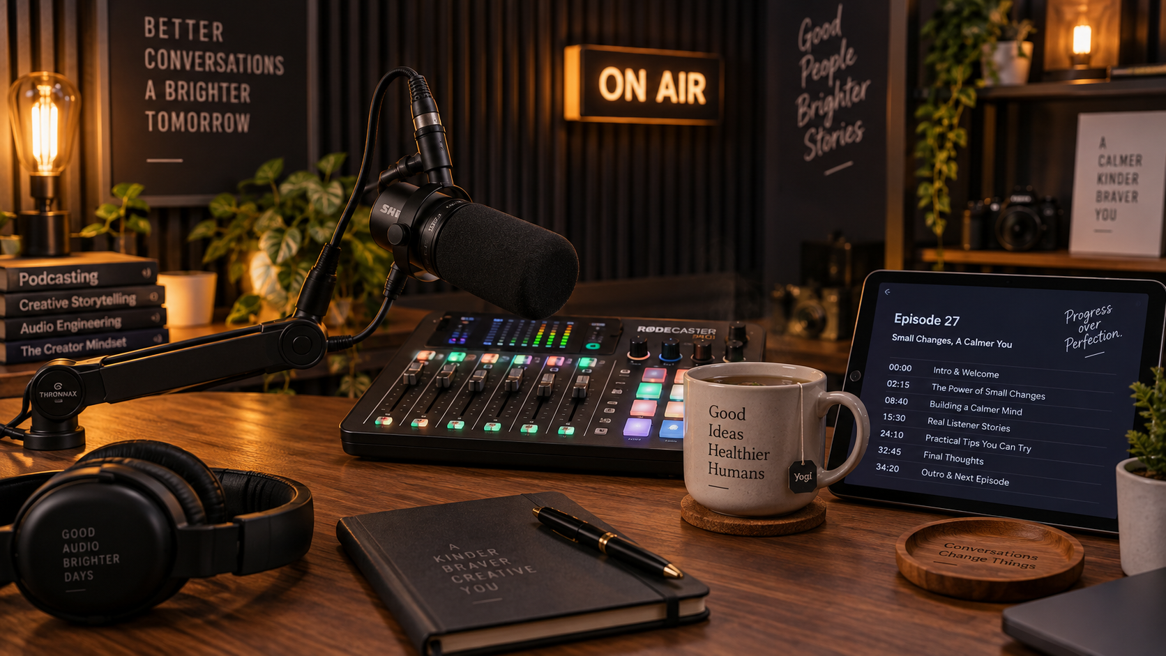 Broadcast microphone on boom arm beside audio mixer and tablet in podcast studio