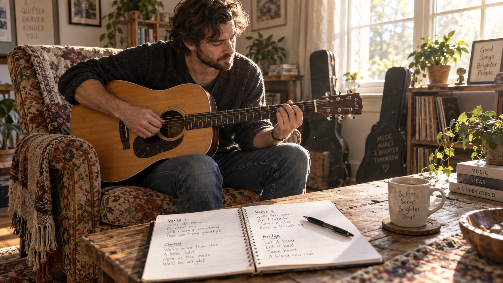 Songwriter sitting in armchair with acoustic guitar and handwritten lyric notebook