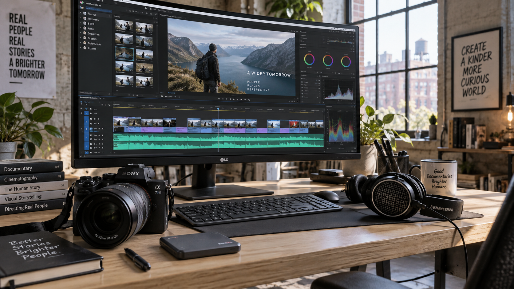 Video editor workstation with dual monitors syncing video cut to extended audio waveform