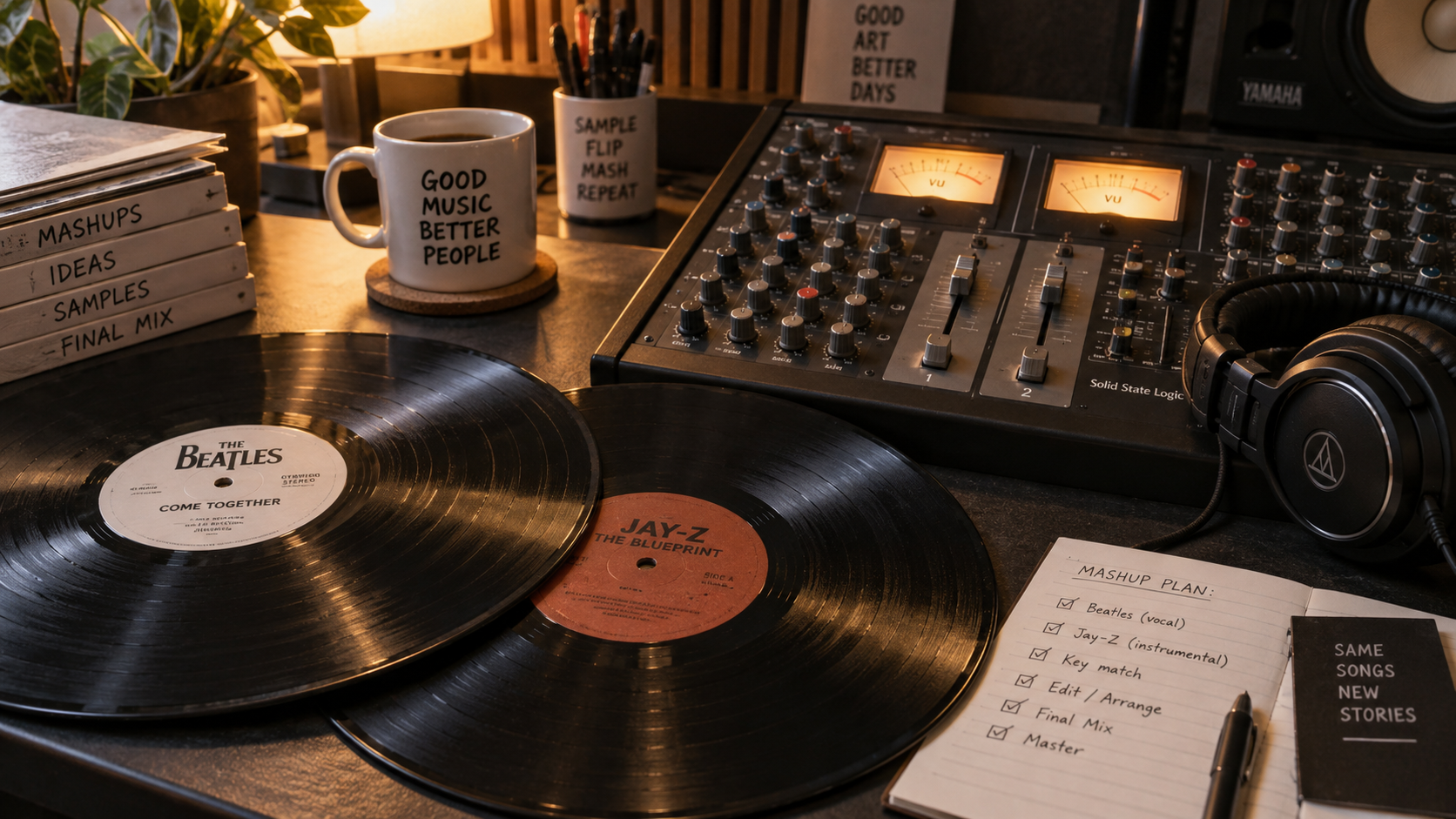 Two classic vinyl records and an analog mixing console on an audio producer workstation