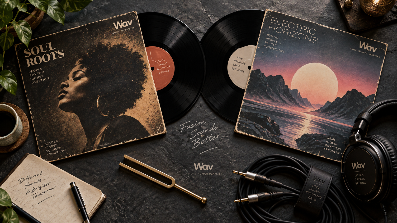 Two vintage vinyl album sleeves colliding on a dark slate table with studio headphones and brass tuning fork