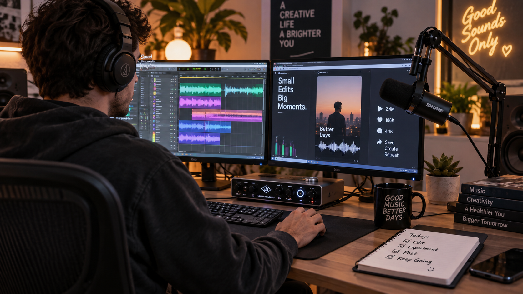 Social media video creator editing viral music mashup reels with waveform monitors