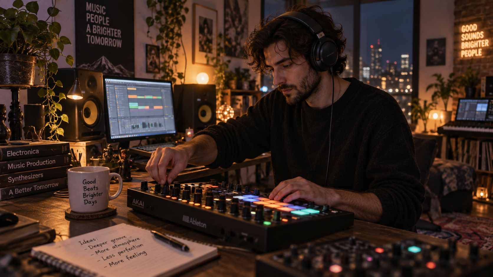 Electronic music DJ in studio headphones tweaking mashup controller knobs