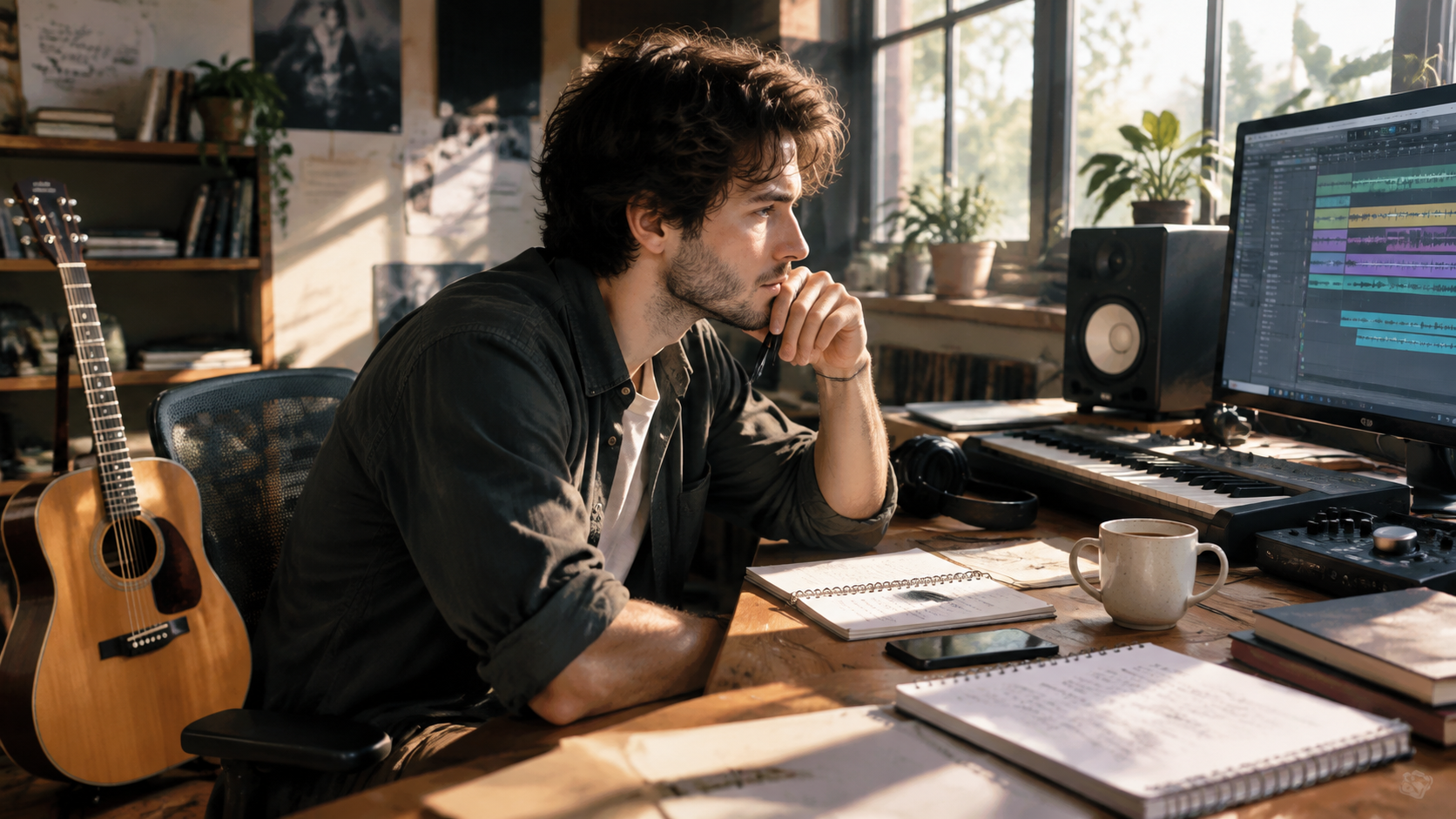 Indie songwriter in sunlit home studio testing cross-genre mashups with acoustic guitar