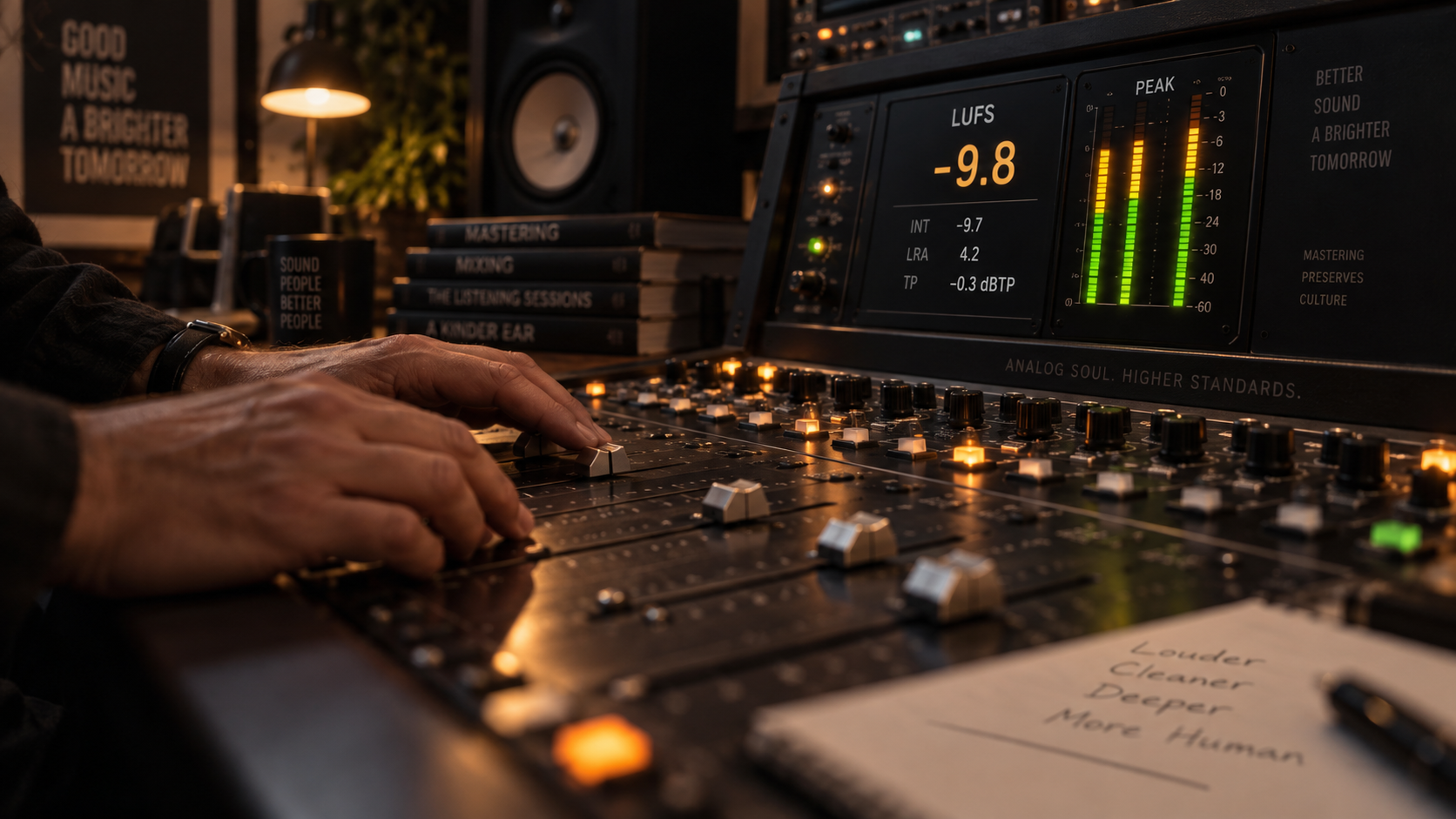 Mastering console motorized faders beside precision digital LUFS and true-peak level meter