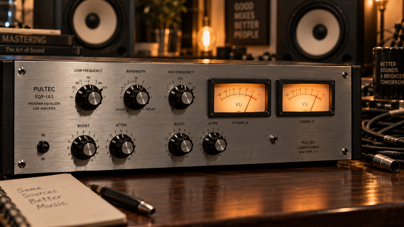 Pultec analog equalizer unit with glowing orange VU meters on a wooden studio console