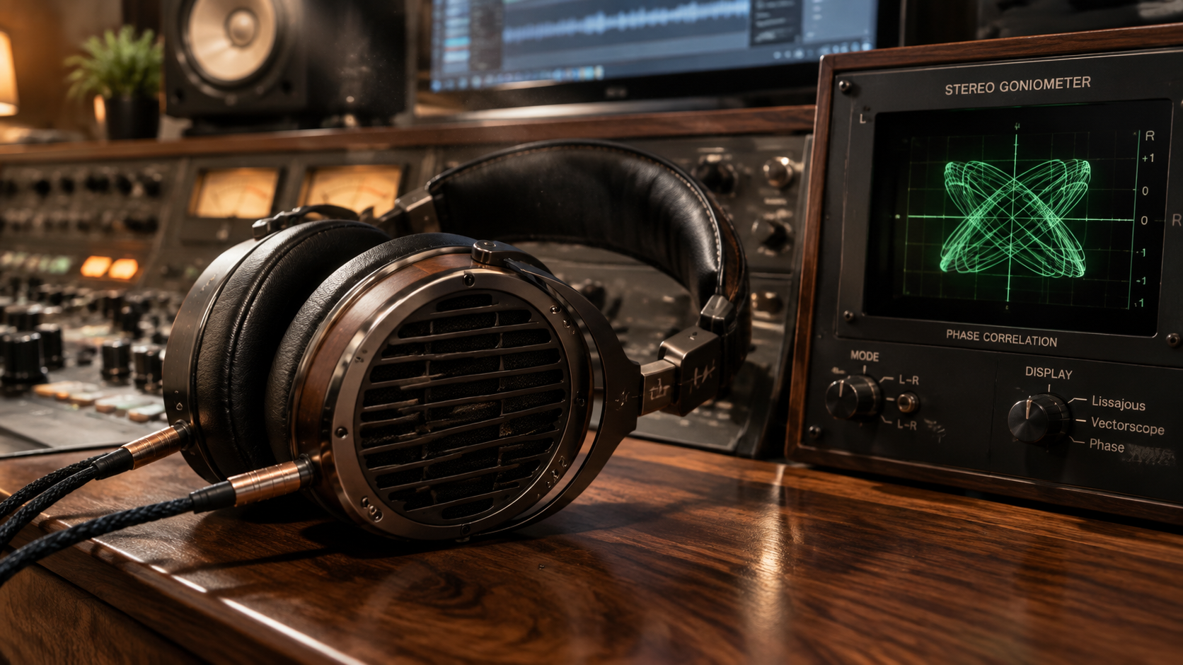 Planar magnetic headphones beside hardware stereo goniometer display showing Lissajous phase pattern