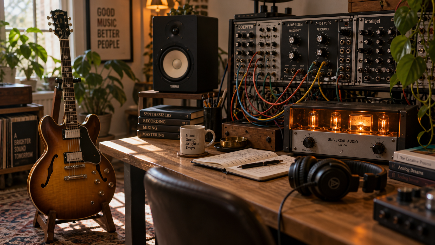 Music workstation with semi-hollow electric guitar, modular synthesizer, and glowing analog audio compressor