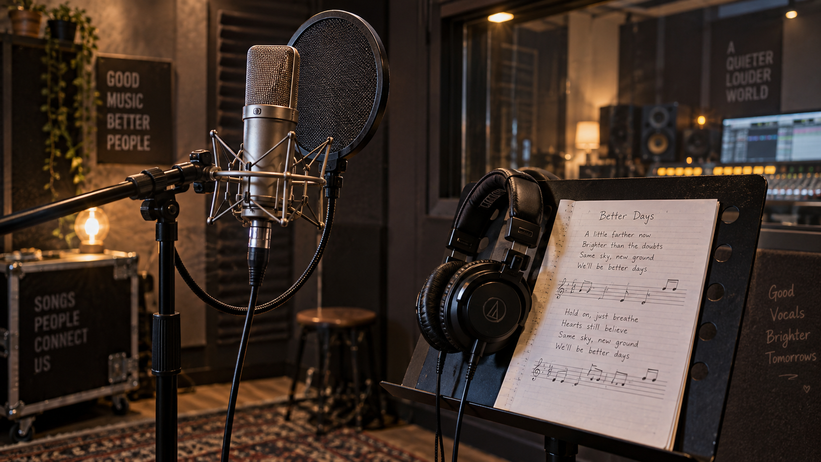 Professional condenser microphone with pop filter and lyric sheet in soundproof recording booth