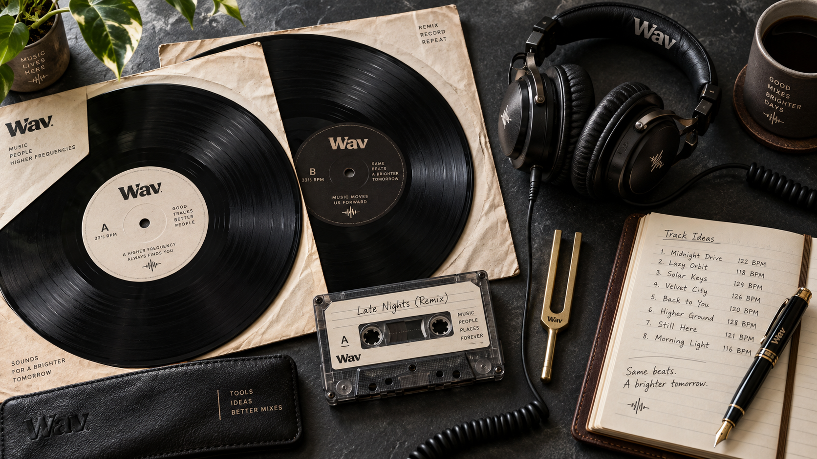 Overhead flat-lay of vinyl records, studio headphones, audio cables, and notebook on dark slate table