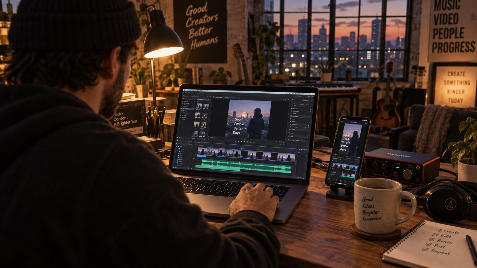 Content creator editing short-form video and music remix on laptop in atmospheric home studio
