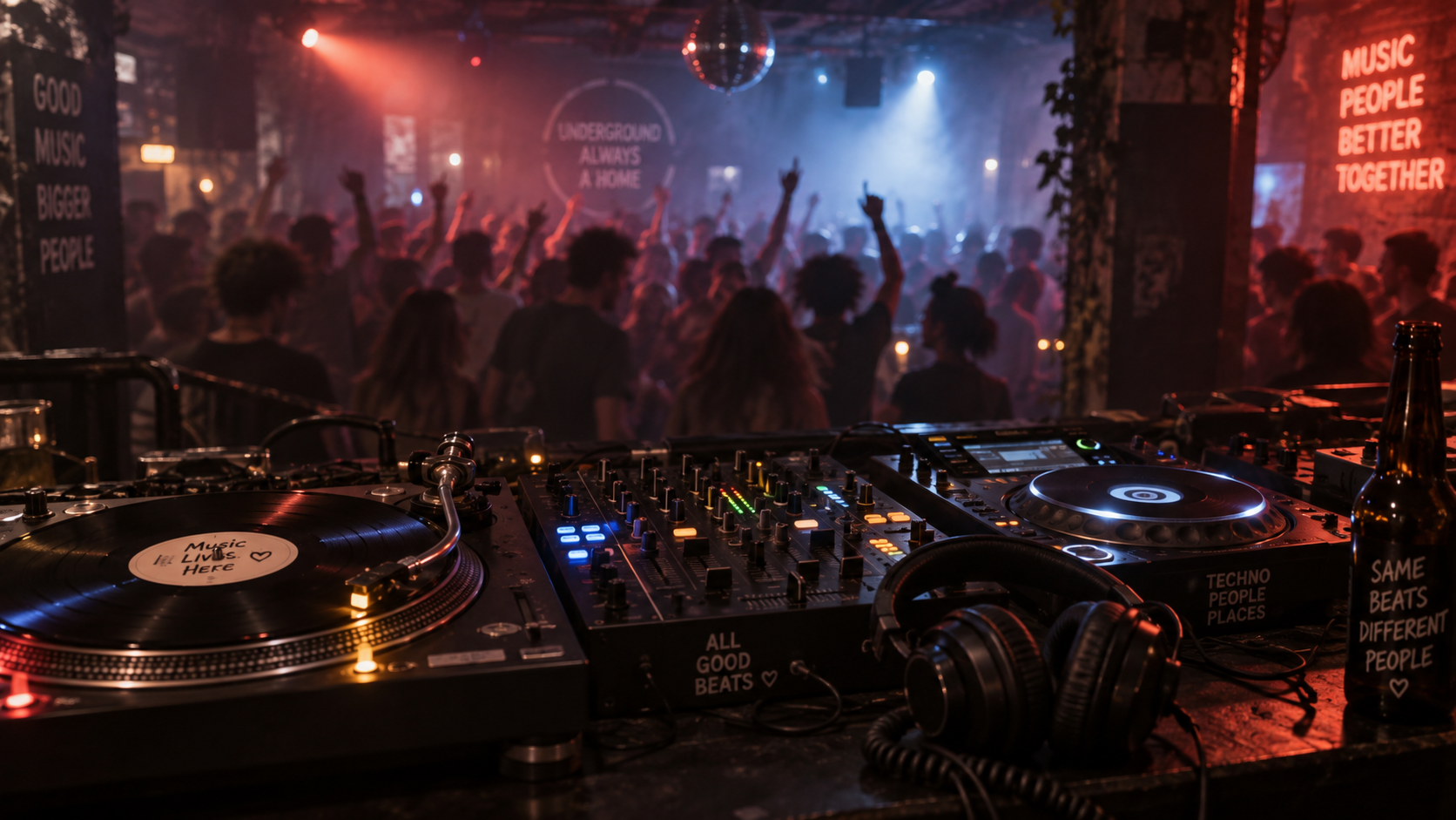 DJ mixing console with illuminated cue buttons overlooking dancing crowd under stage lights