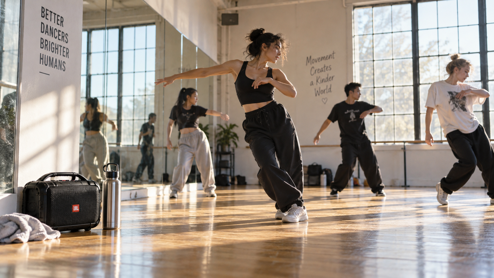 Spacious dance studio with polished hardwood floor, wall mirrors, and portable sound speaker