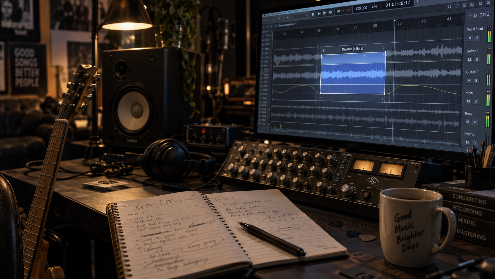Studio DAW waveform editor showing a highlighted audio inpainting region with lyric prompt input