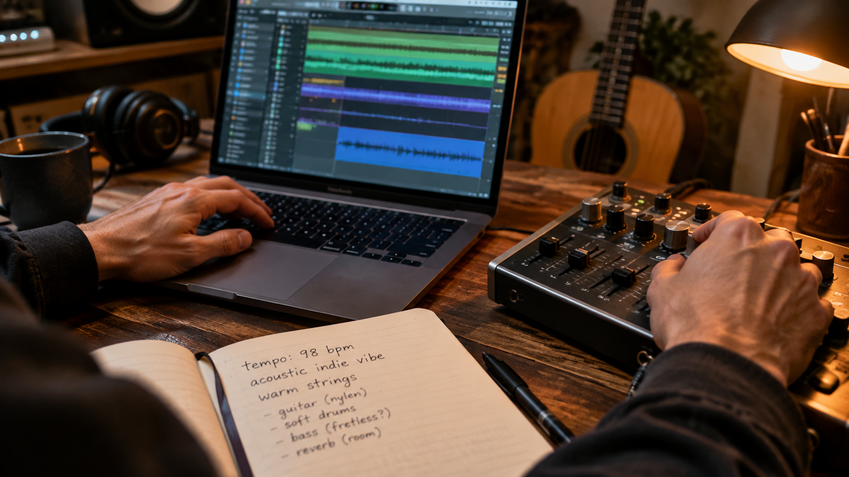 Music producer hands typing style tags and adjusting audio mixer controls