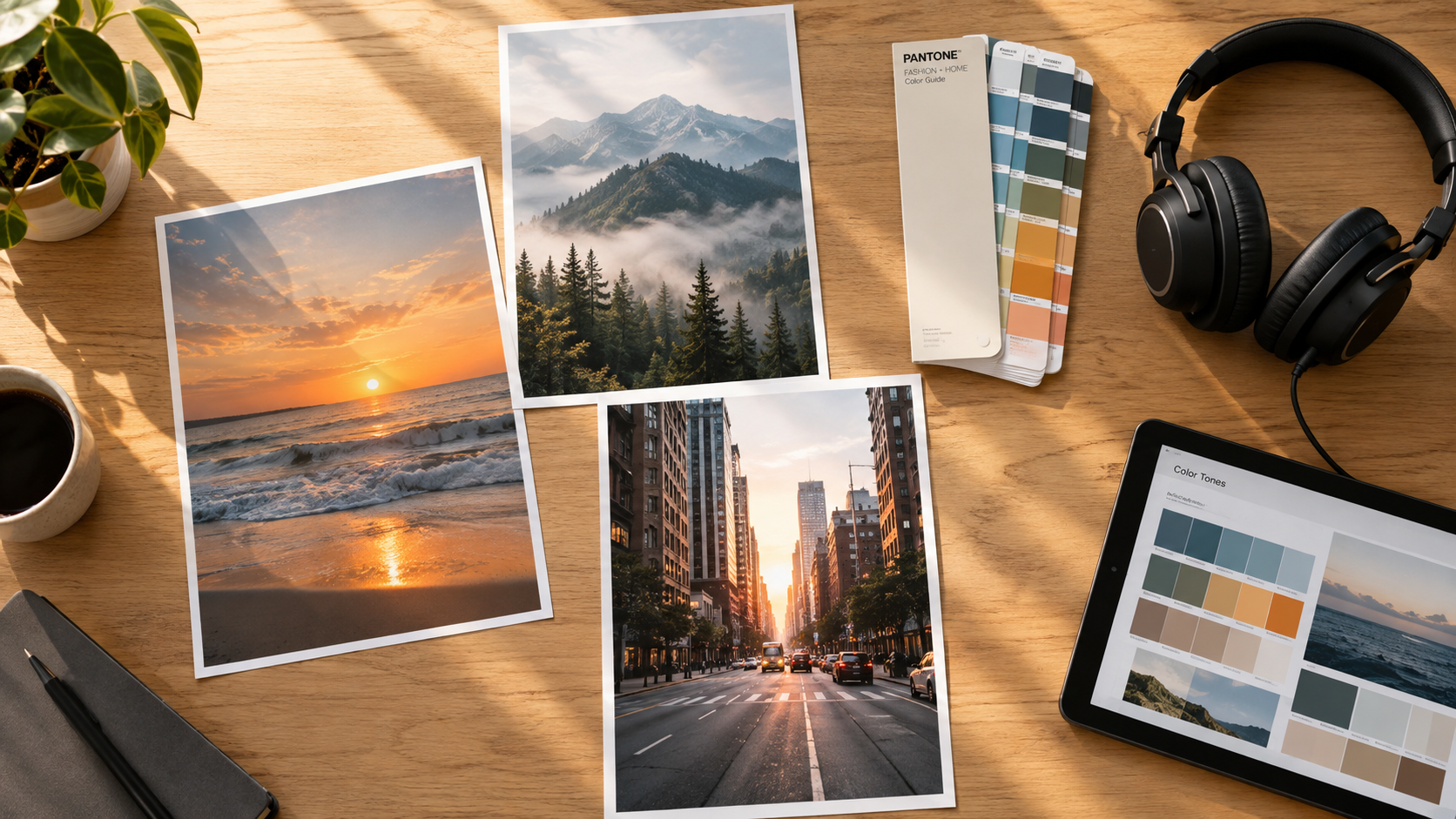Creative desk flat-lay with landscape prints, Pantone color swatches, and tablet analysis
