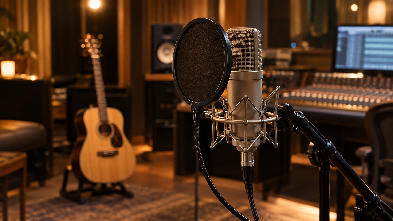 Studio condenser microphone on boom arm with acoustic guitar in background