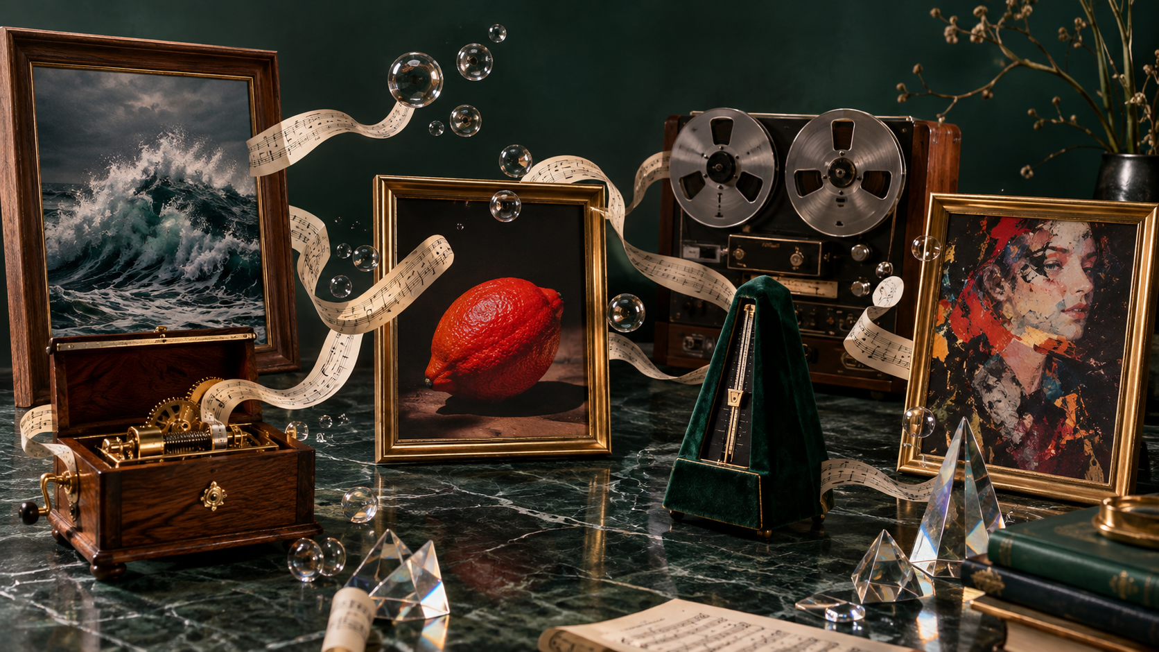 Still life with framed photographs, music box, and metronome on marble table