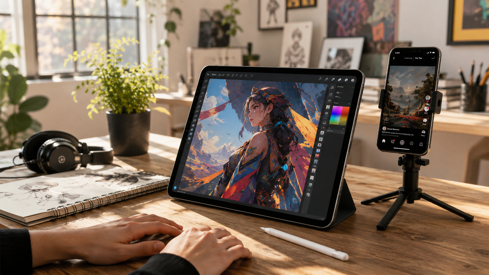 Digital artist desk with iPad illustration, stylus, and smartphone on mini tripod