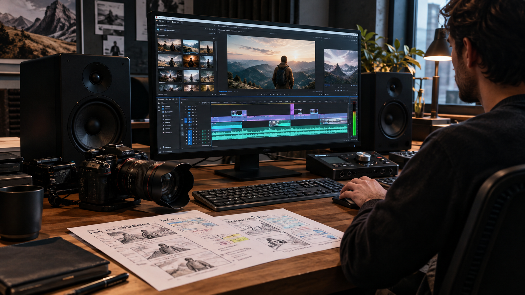 Filmmaker editing suite with storyboard sketches, cinema camera, and timeline monitor