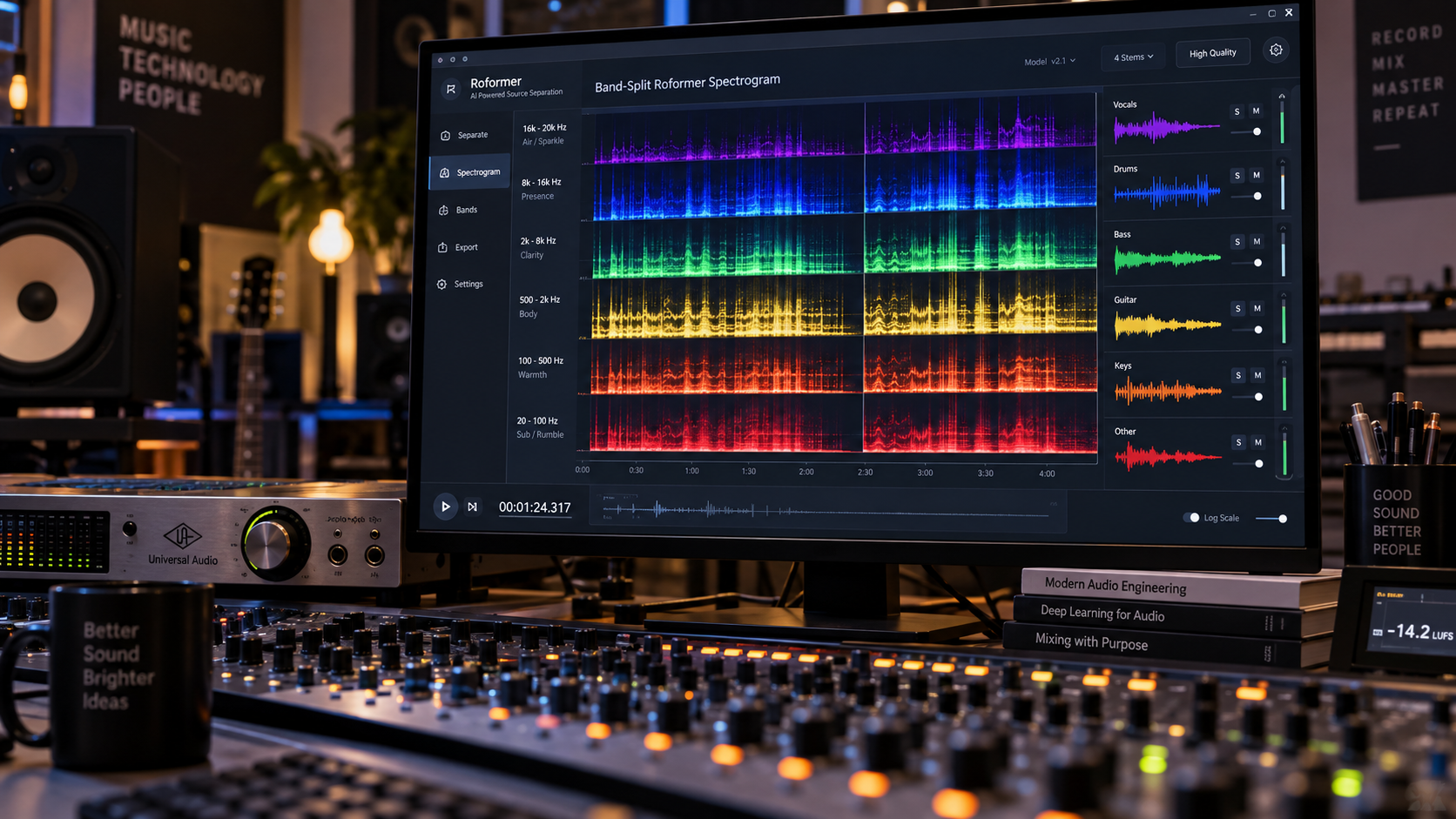 Audio engineer workstation showing band-split spectrogram neural demixing interface