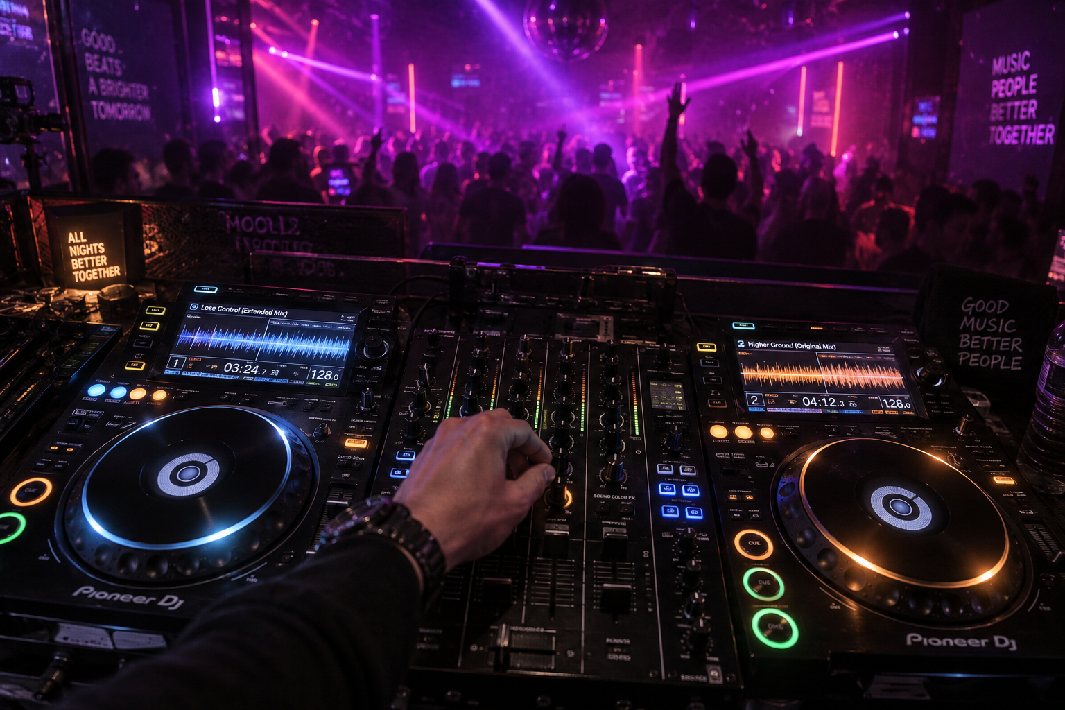 DJ adjusting mixer controls on CDJ decks with live waveform displays in club setting