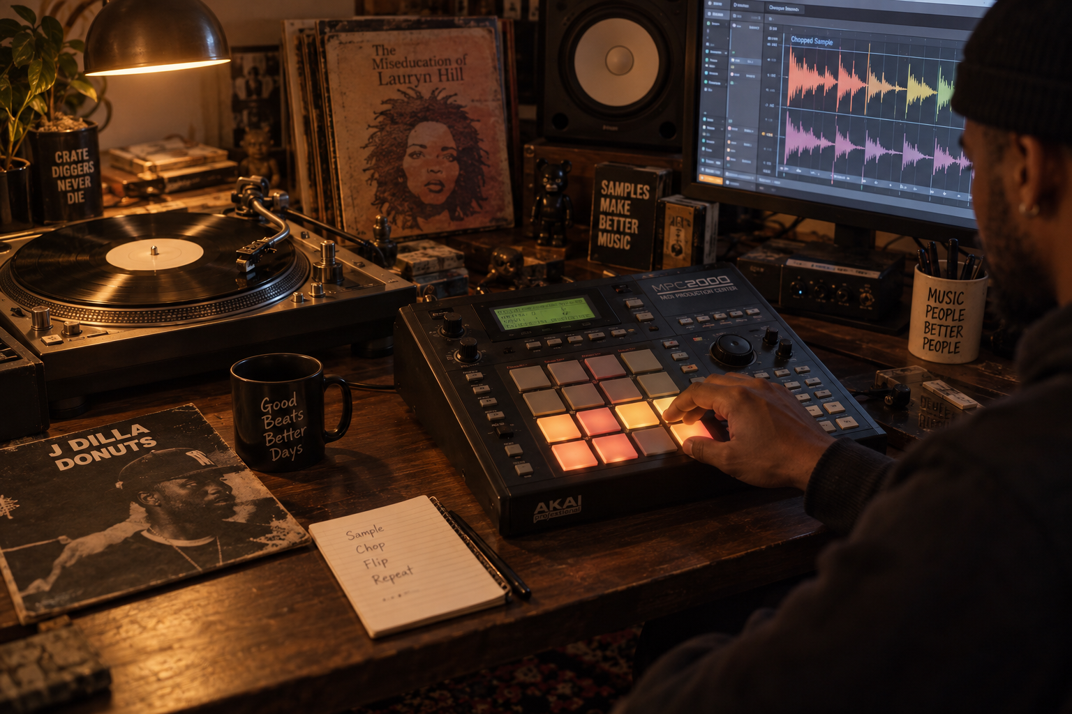 Music producer chopping vinyl samples on an MPC pad controller in home studio