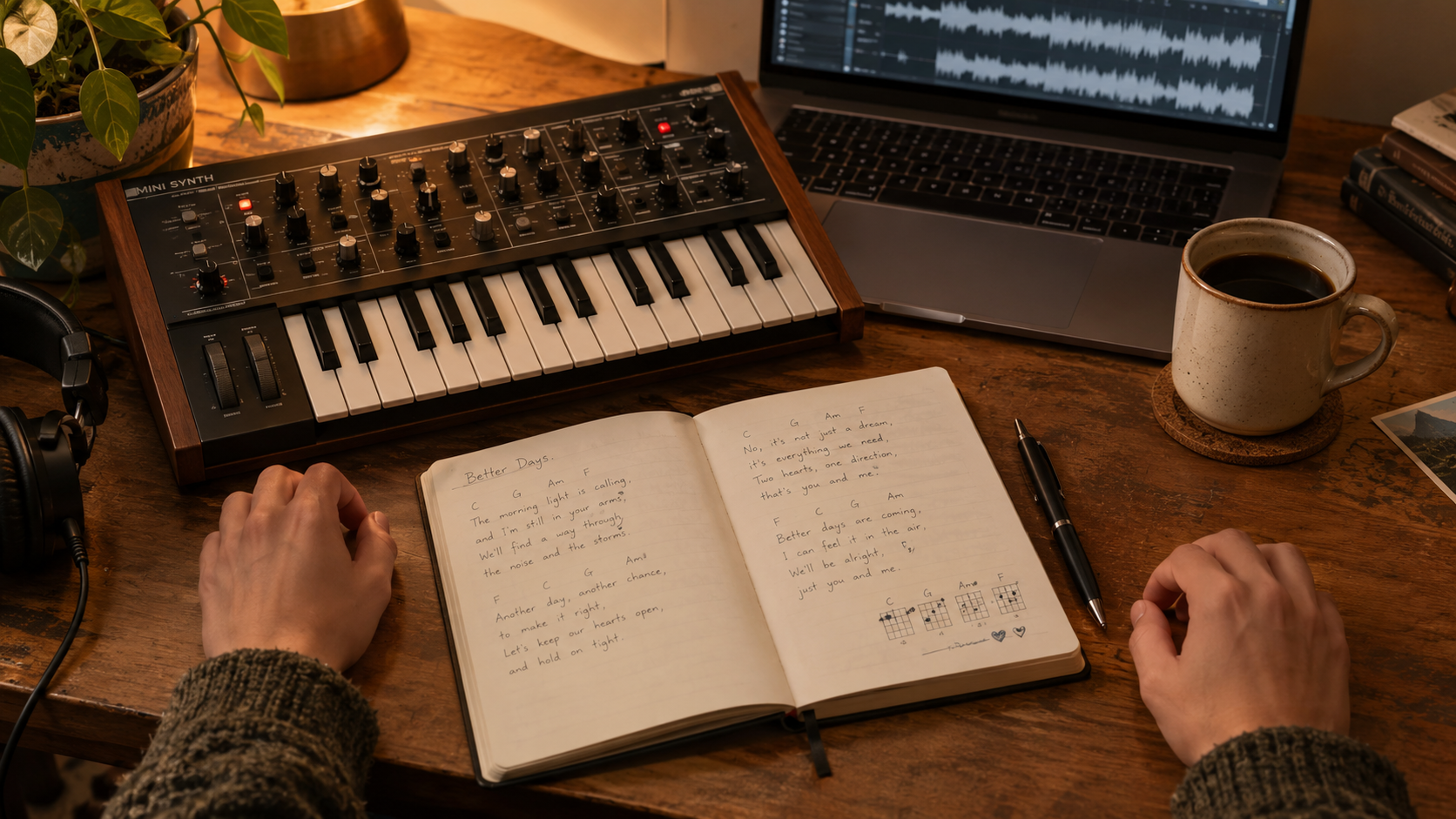 Musician desk with lyric notebook, chords, and keyboard synthesizer