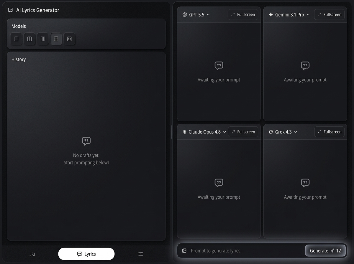 Wav AI Lyrics Generator interface showing structured lyric drafts from multiple AI models