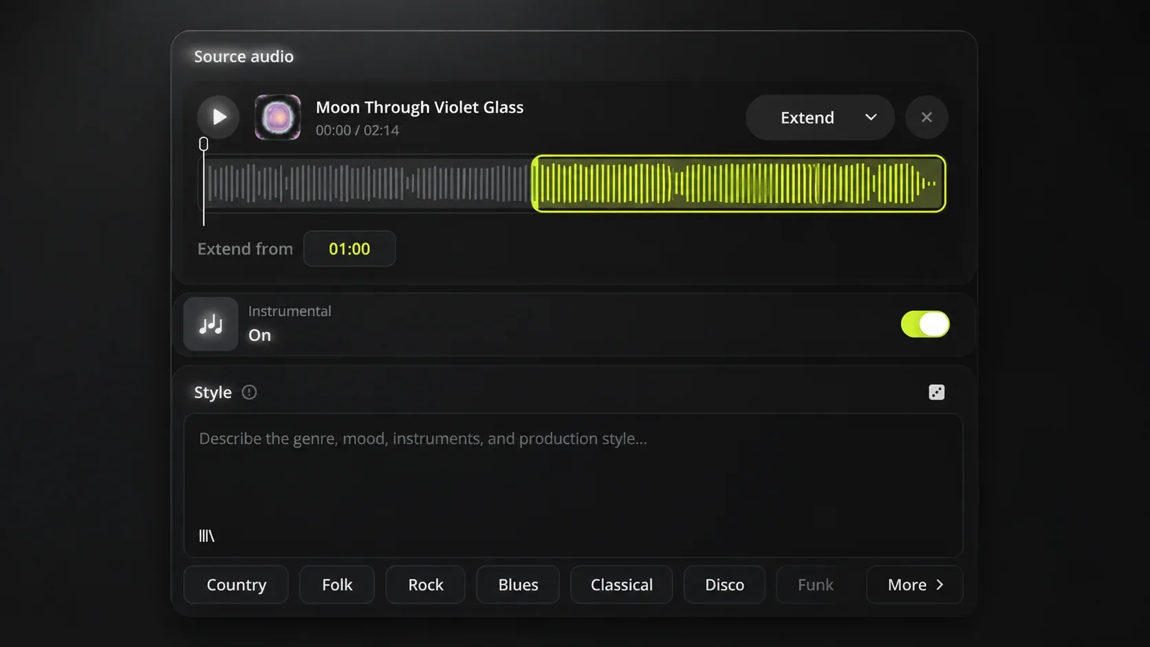 Pending capture of the Audio Extend upload form
