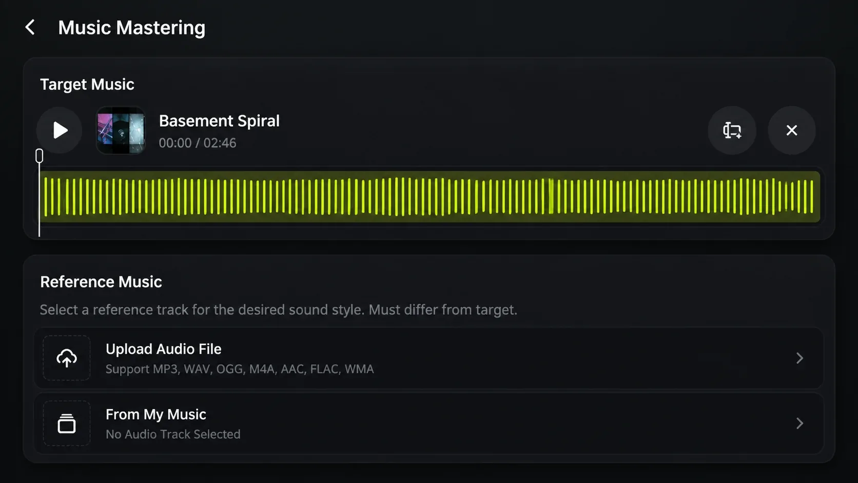 Pending capture of AI Music Mastering target and reference selection