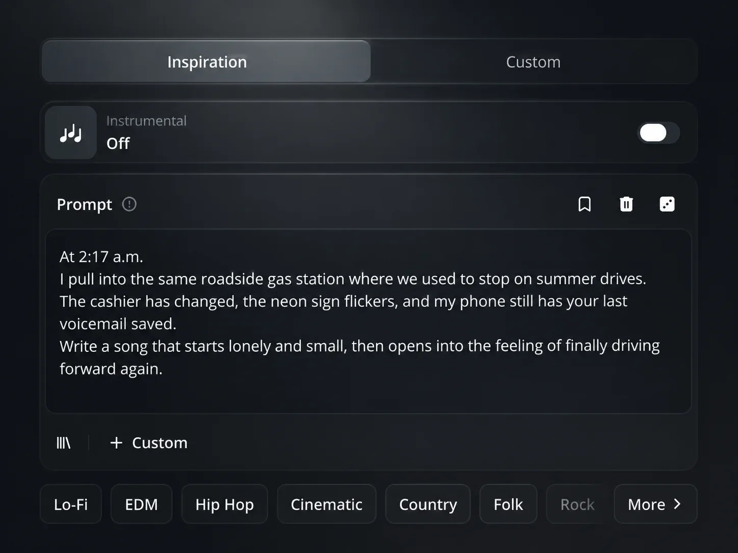 Pending capture of the Text to Music prompt form