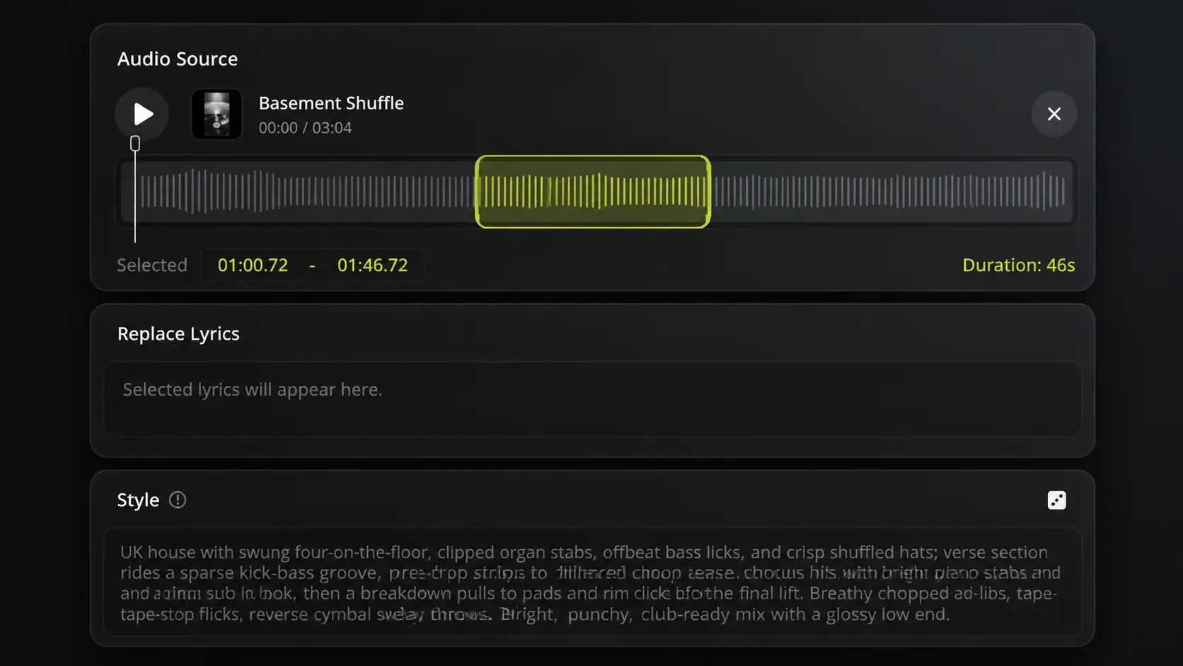 Pending capture of the Audio Replace song selection form