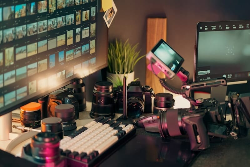 Estación de edición de vídeo con línea de tiempo y monitores de estudio